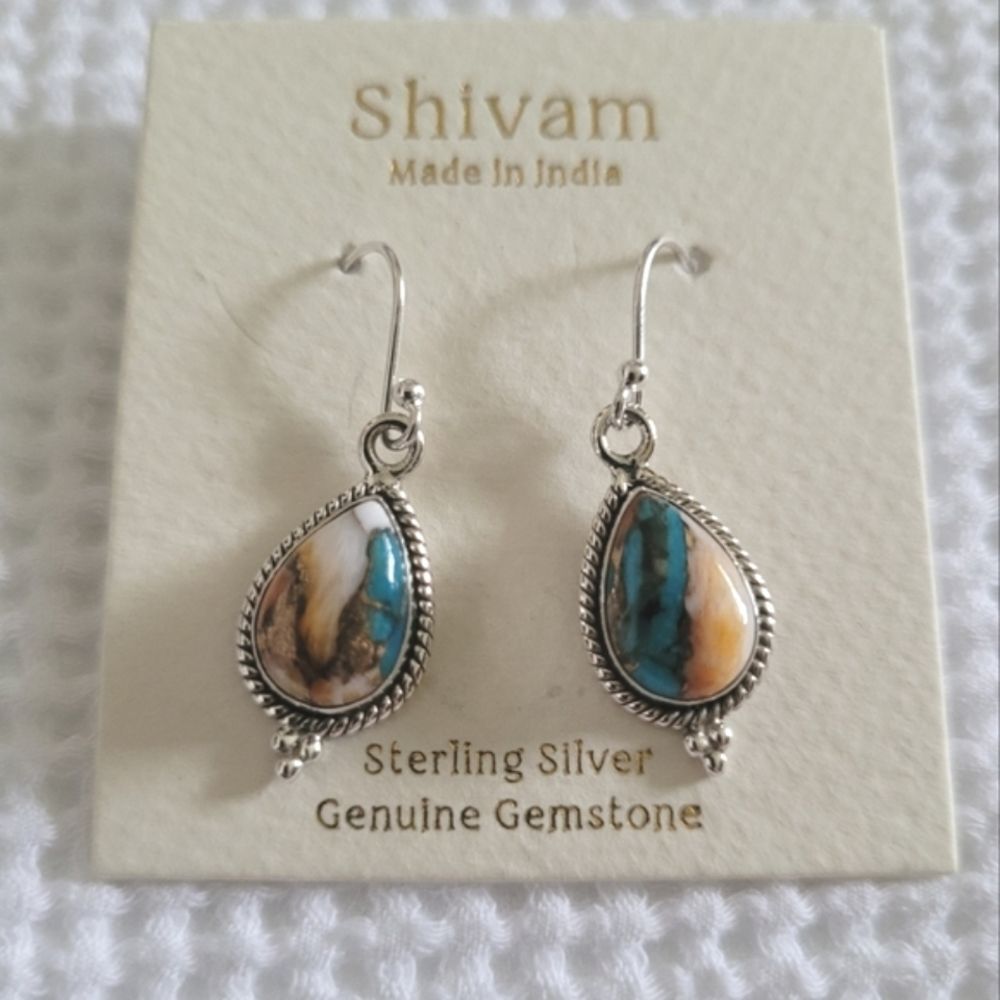 Shivam Oyster Blue💙 Copper Turquoise Teardrop💧 Earrings - Picture 2 of 12